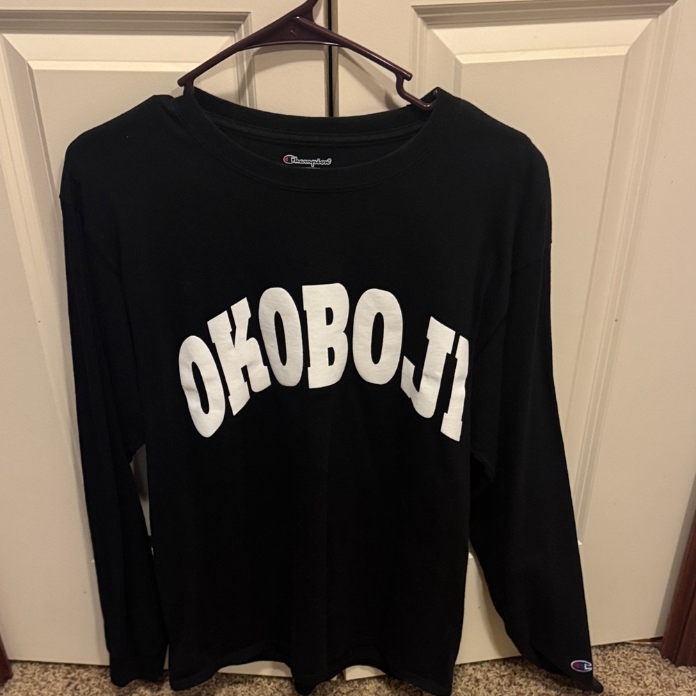 Champion Black Long Sleeve with White OKOBOJI Print